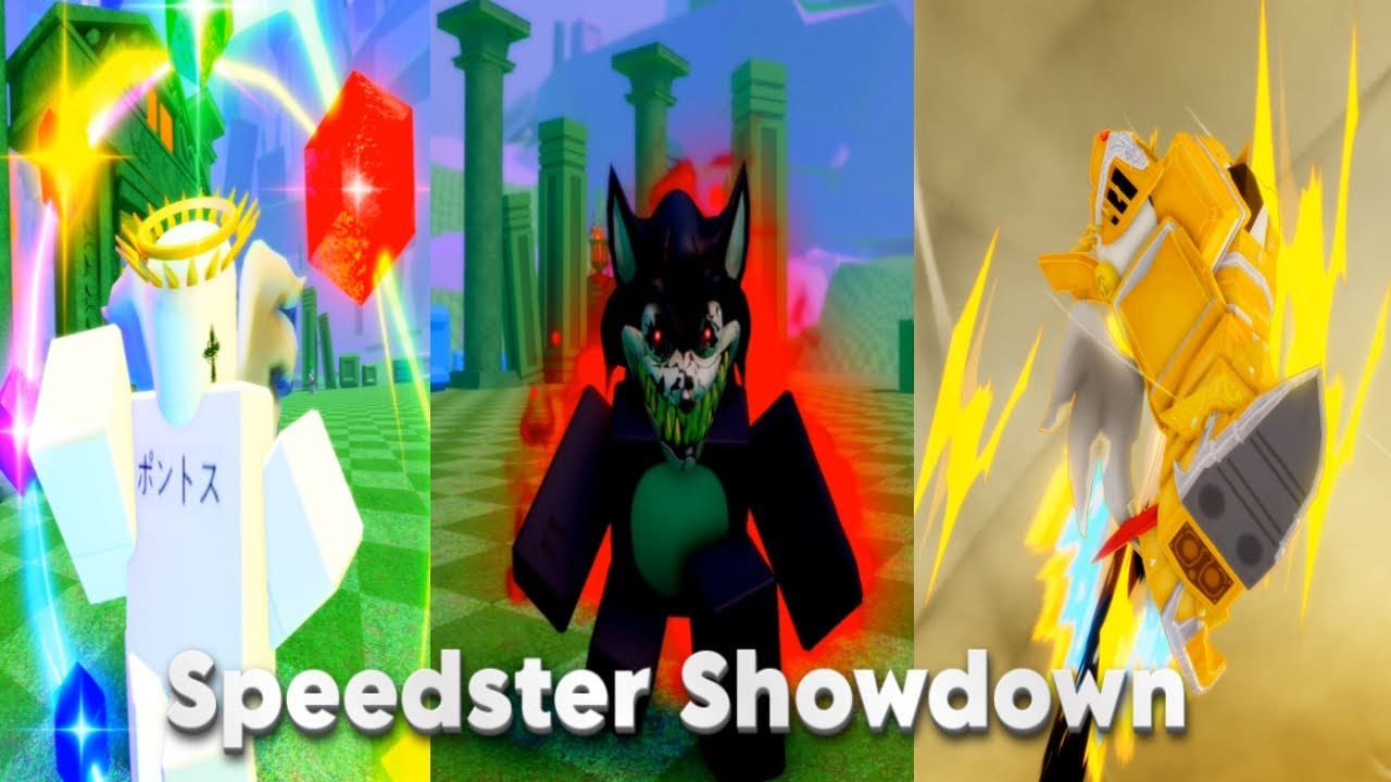 Speedster Showdown roster showcase with multiple speedster fighters posed in the Roblox lobby